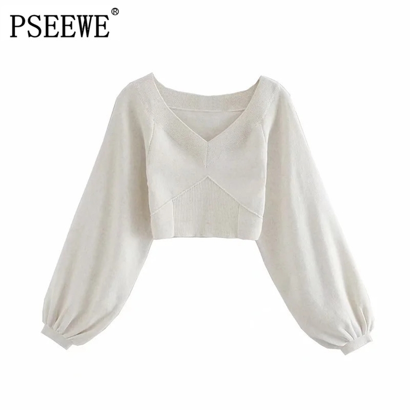 

Top Women Fashion V-neck Long Lantern Sleeves Cropped Knitted Sweater Chic Sweet Elastic Hem Slim Female Tops 210519, Beige