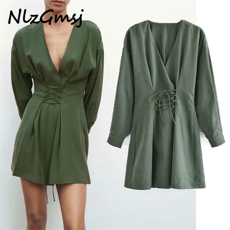 

Dres Long Sleeve Adjustable Front Drawstring Party es Woman Pleated Spring Mini 03 210628, As picture