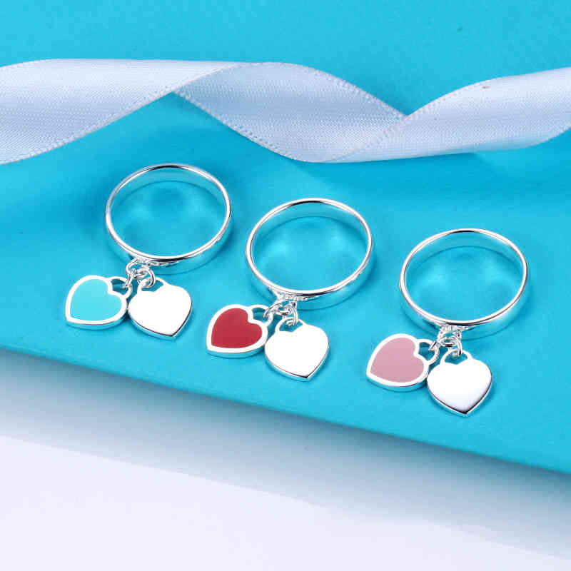 

New TIF enamelled heart ring double heart pendant women's jewelry G1130