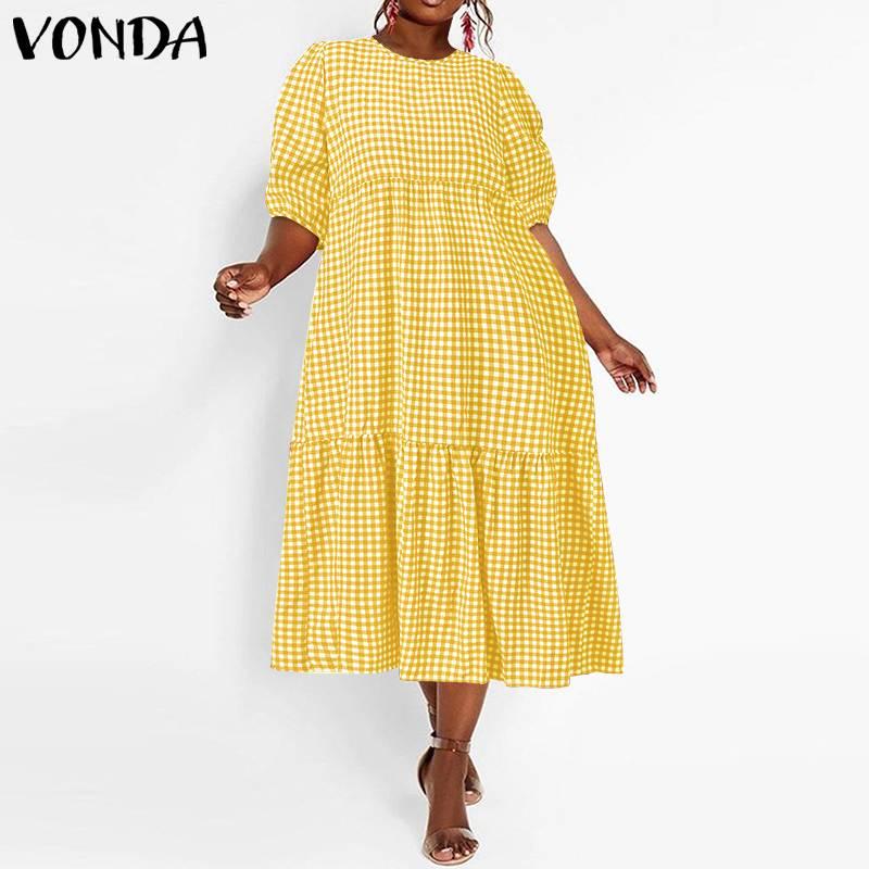 

Plus Size Dresses VONDA Summer Lantern Sleeve Casual Vestido Polyester Pleated Sundress Bohemian Lady Plaid Dress Short Midi Robe, Black