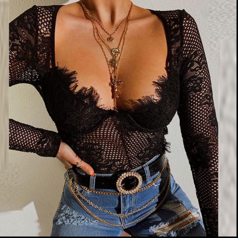 

Sexy Deep V Lace Elegant Women Jumpsuits Solid Hollow Out Long Sleeves Slim Bodysuits Fashion Turtleneck Mesh Club Party, Black;white