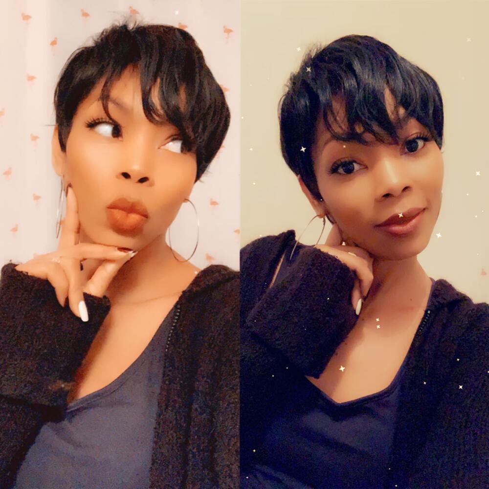 

Brazilian virgin human hair Short Cut machine made Wig for black woman Celebrity Natural Color Mix Straight Pixie Wigs