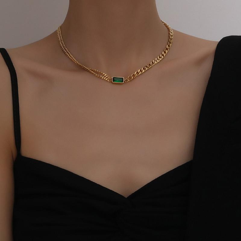 

Chains 316LStainless Steel Fashion Fine Necklace Minimalism Green Zircon Charms Thick Chain Choker Necklaces Pendants For Women Jewelry, Silver