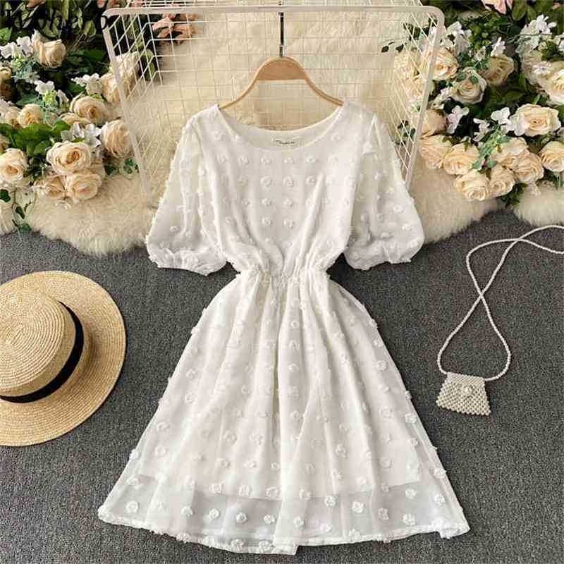 

White Dresses for Women Korean Fashion Robe Tassel Polka Dot Puff Sleeve Vestidos Mujer Slim Sweet Chiffion Dress 210519