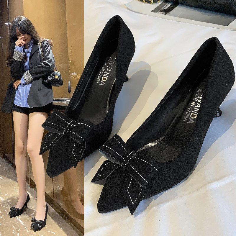 

Fashion Women's Stiletto Heel 2021 Bow Single Shoes Small Fresh Pointed Suede Women Sandals, Black