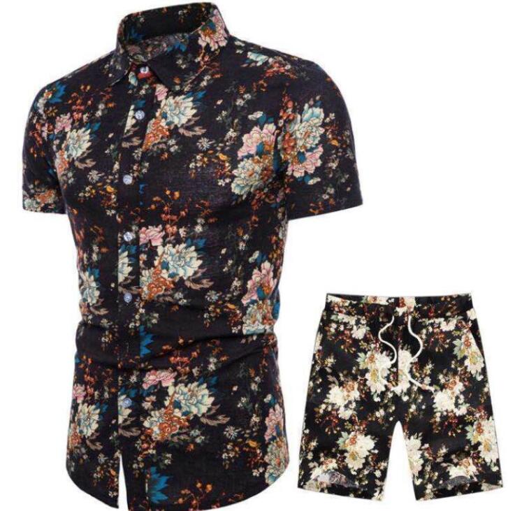 

2021 Mens 2 Piece Sets Short Sleeve Shirt and Pants Tracksuits Set flowers Printed Summer Fashion colorful Sports clothes, Gray