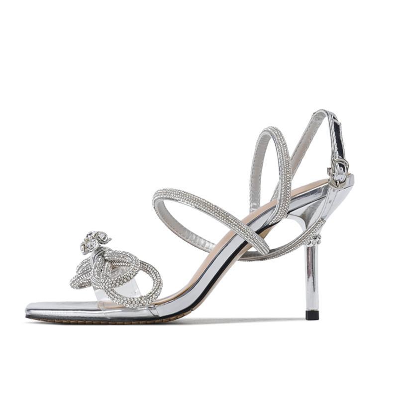 

Luxury Rhinestone Bow High Heel Sandals Women Summer Shoes Bandage 2021 Lady Party Heels Sliver For Womens, 8.5cm small crystal