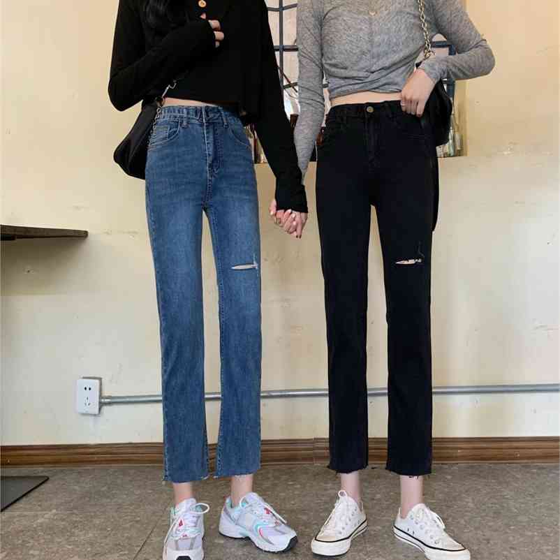 

Straight Jeans Women High Waisted Chic Simple Basic Hole Ulzzang Ladies Denim Trouser All-match Autumn Fall Daily Girls 210519, Black