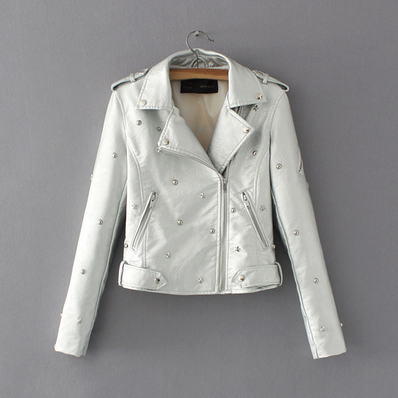 

New 2017 Women Leather Coats Autumn Long Sleeved Turn-down Collar Fashion Rivet Slim Biker Moto Jacket lz1514, Black