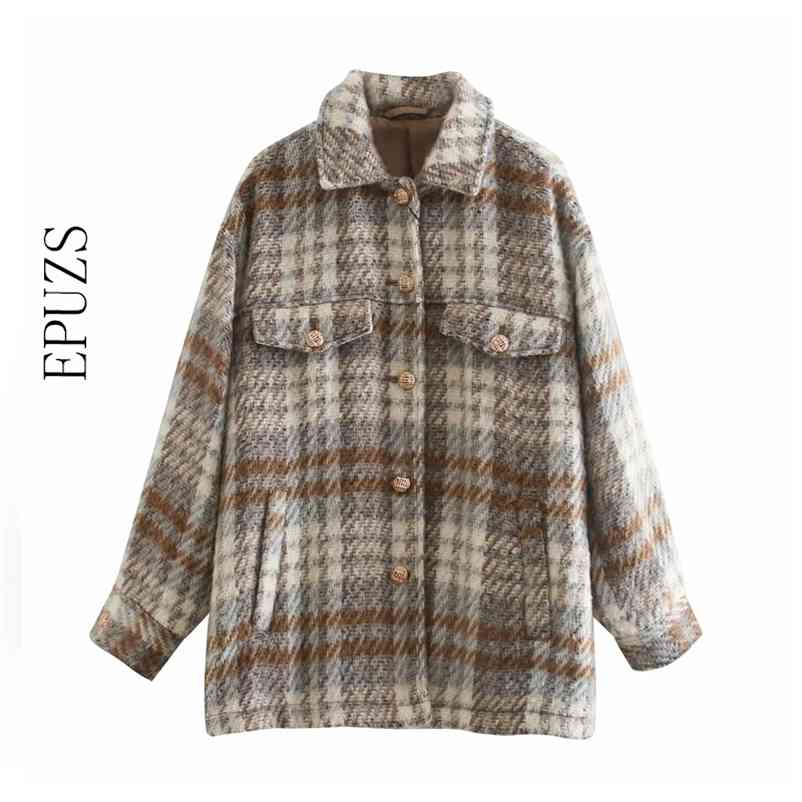 

Za Women vintage loose plaid jacket women winter coat casual office work Woolen elegant ladies outwear 210521, Khaki