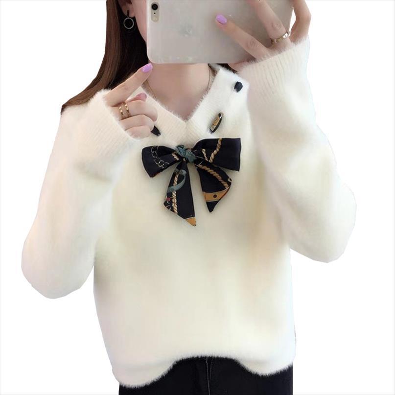 

autumn winter knit pullover womens sweater female loose outer wear spring bow tie imitation mink velvet bottoming shirt women, White;black