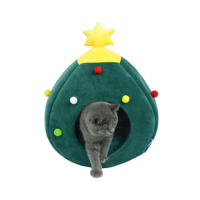 

Pet Cat Bed Cute House Kennel Dog Half Closed Christmas Gifts Warm Soft Winter Nest Litter Tree Shape Beds & Furniture