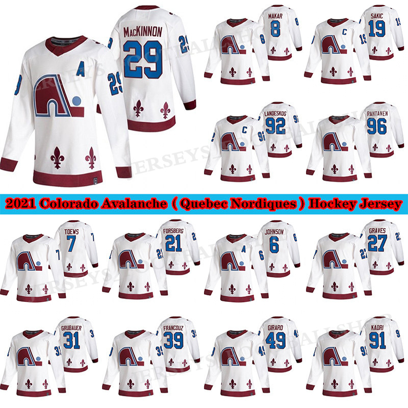 

Colorado Avalanche Jersey 2021 Reverse Retro Quebec Nordiques 8 Cale Makar 29 Nathan MacKinnon 96 Mikko Rantanen 92 Gabriel Landeskog Hockey Jerseys, White retro