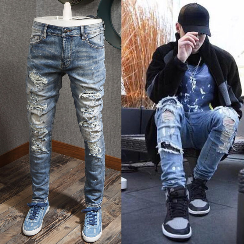 

Blue Rhinestone Jeans Men Slim Fit Pencil Jeans Elastic Spandex Jeans For Man Vintage Cowboy Denim