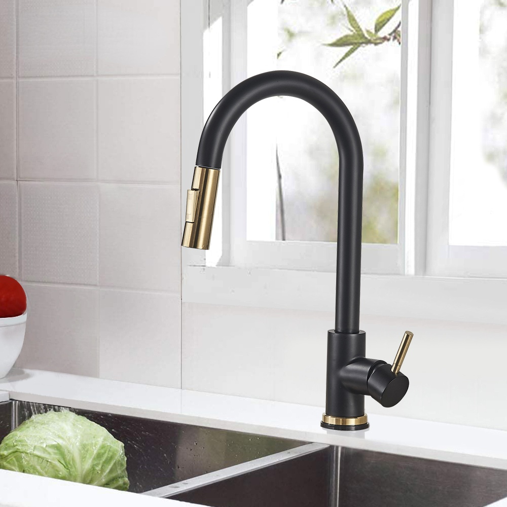 

Kitchen Sink Faucet Sprayer Nozzle Black Gold Faucet Deck Mount Hot and Cold Water Single Hanlde Kitchen Sink