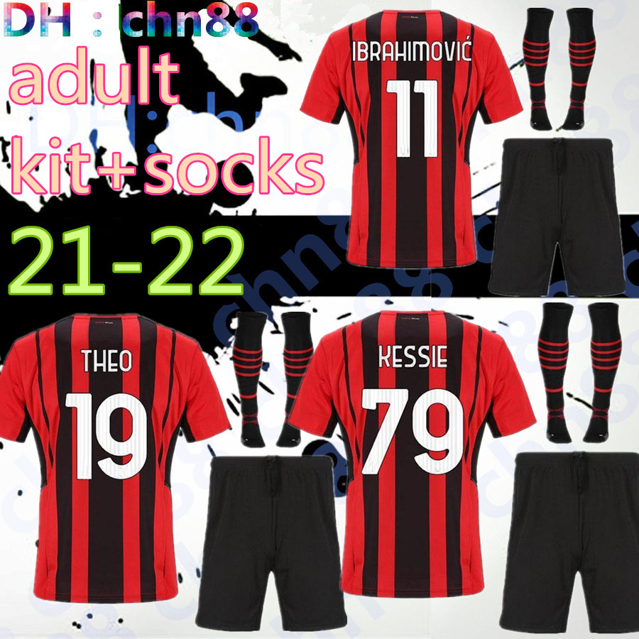 

Thailand 21 22 AC Soccer milan IBRAHIMOVIC jerseys 2021 TONALI Mandzukic Kessie brahim BENNACER THEO REBIC LEAO Men adult kit+socks sets socks football Kits, Image