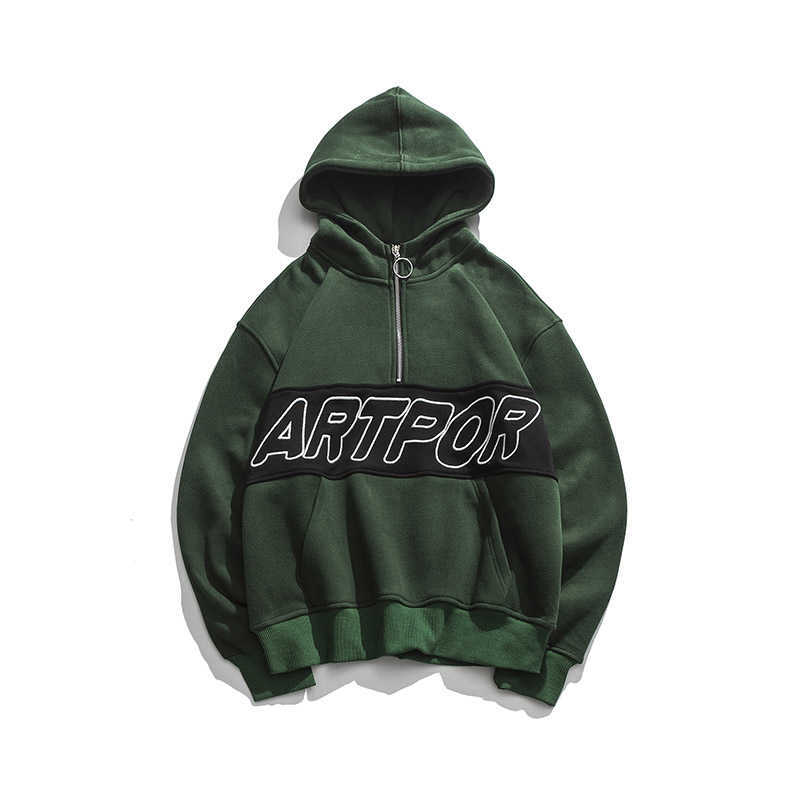 

Campus Style Winter Fleece Pullover Hoodies Hip Hop Print Harajuku Streetwear Men Autumn Cotton Warm Hooded Sweatshirts Green 210603