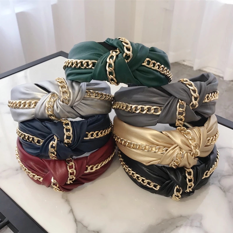 

Fashion PU Leather Hairbands Wide Headband Shining Gold Chain Head Hoop Hair Accessories Headwear Red Black Gray Green Hairbands