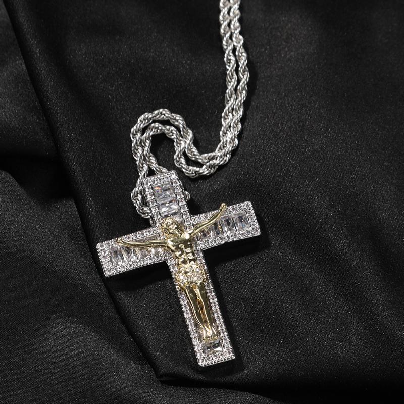 

Pendant Necklaces Jesus Cross Iced Out Bling Double Color Pendant&Necklace Mirco Pave Prong Setting For Men Hip Hop Jewelry BP046
