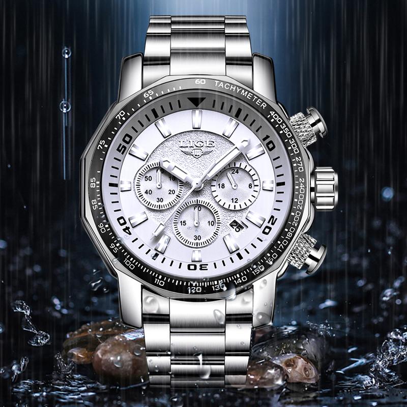 

Wristwatches 2021 LIGE Silver Mens Watches Top Clock Waterproof Military Sports Watch Men Full Steel Quartz Reloj Hombre, All black