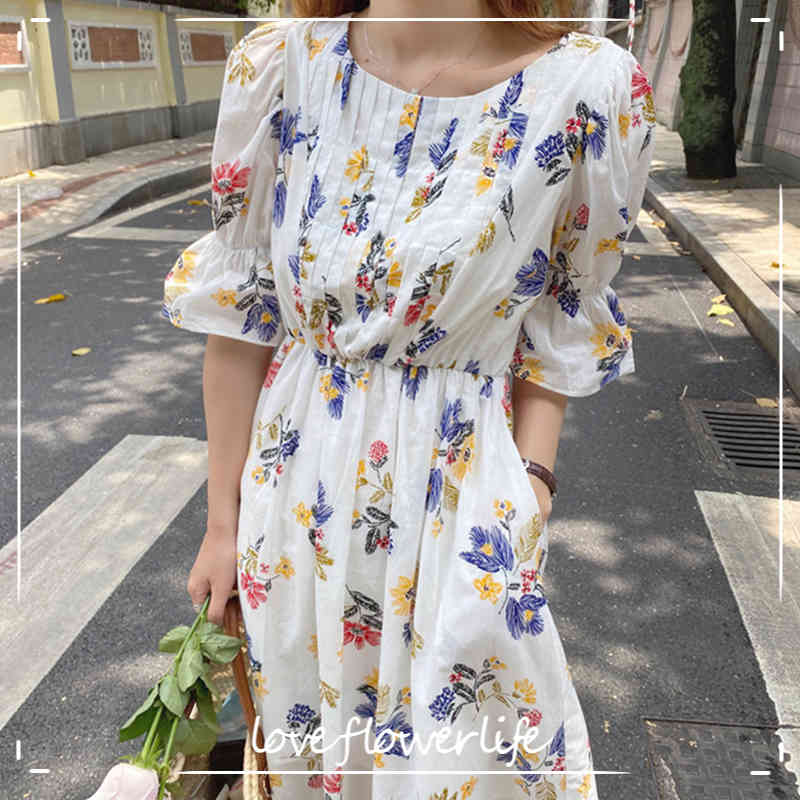 

LoveFlowerLife Floral Printed Vintage High Waist Pocket Fold Elegant Korean Wild Lady Long Dress Women Summer Dresses 210521, White
