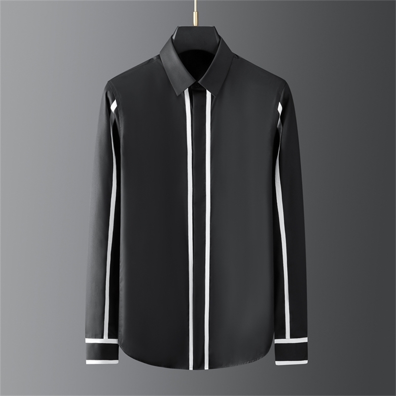 

High Quality Shirts Men Geometric Webbing Stitching Business Casual Shirt Long Sleeve Formal Dress Social Party Clothing 210721, White