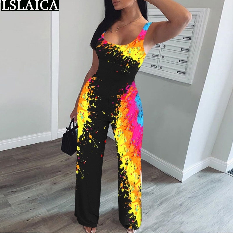 

Jumpsuit Women Summer Tie Dye Sleeveless Square Collar High Waist Wide Leg Pants Bodysuit Casual Streetwear Body Mujer 210520, Beige