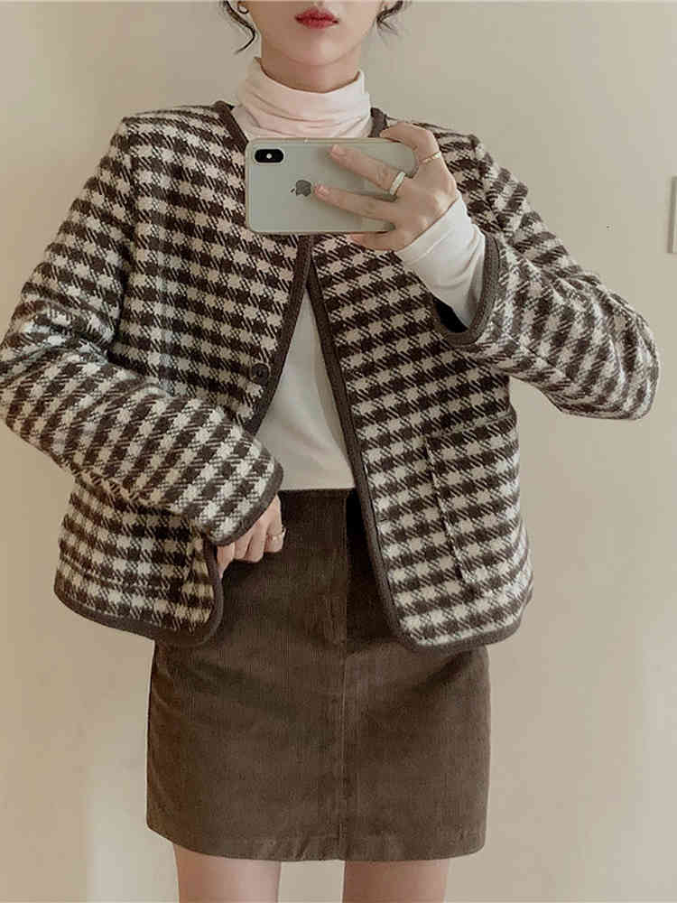 

Women's Jackets coat of temperate autumn and soft wind, short plaid jacket thin with high waist, long leg OYGW, 1# shoe box