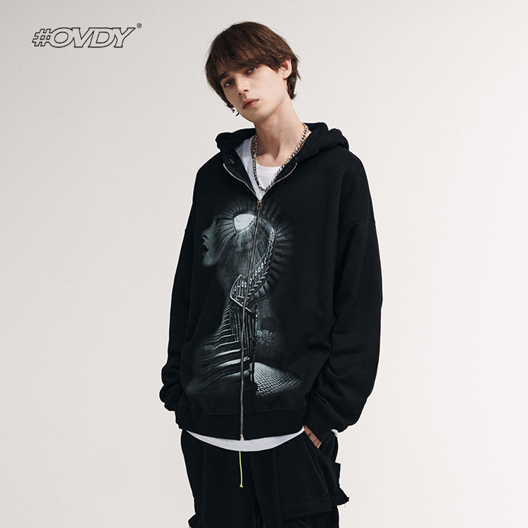 

wxwovdy 2021 autumn winter street fashion brand portrait superimposed spiral ladder printed zipper hoodie coat men, Black