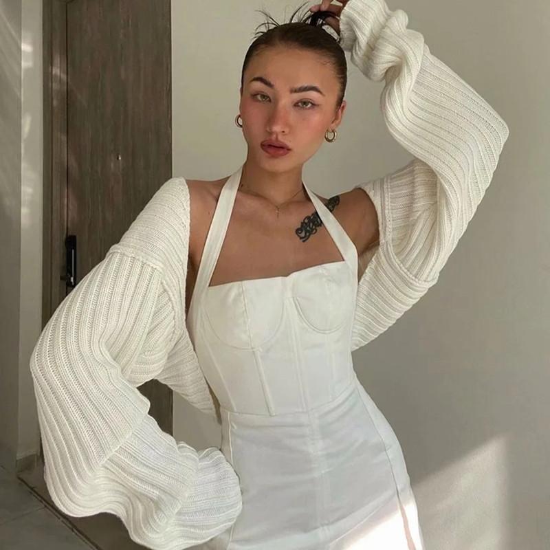 

Women's Knits & Tees 2021 Autumn And Winter Ribbed Striped Sweater Fashion High-end Solid Color Bat Sleeve Shawl Knitted Cardigan Short Coat, White