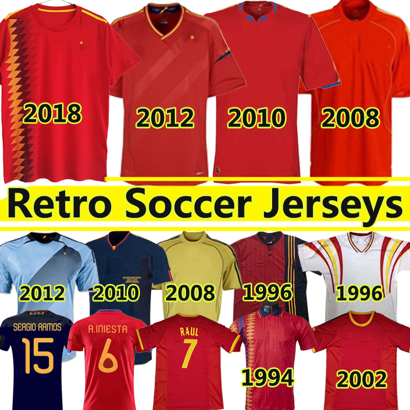 

2008 2012 1996 1994 final 2002 2010 18 Spain Retro Soccer Jerseys RAUL A.INIESTA PIQUE XAVI VILLA TORRES David Villa camiseta Football shirt Classic Vintage Jersey, Xibanya 2018 home