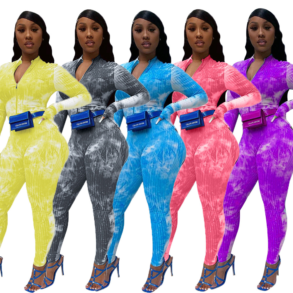 

Women Jumpsuits Autumn And Winter V-neck Blue Pit Bar Tie Dye Printing Finger Cover Detachable Slim Fit Leisure Sports One-piece Pants Bodycon The New Listing, Purple