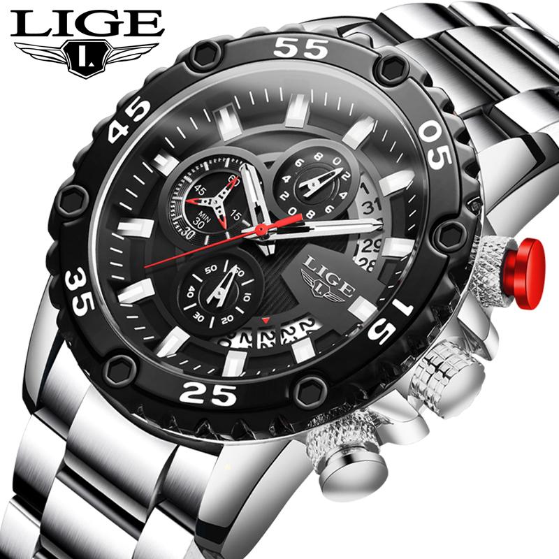 

Wristwatches LIGE Quartz Wrist Watch Silver Black Mens Watches Top Stainless Steel Men Military Sport Chronograph+Box, Slivery;brown