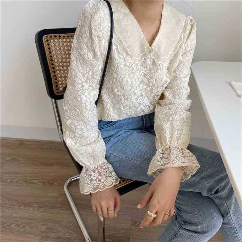 

Dedicate Women Chic Female Flare Sleeves Shirts All Match Sweet Apricot Elegance Blouse Office Lady Gentle Tops 210525, Photo color