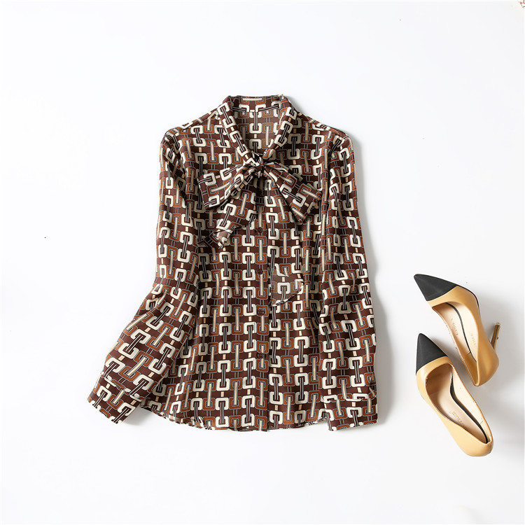 

Women' Blouses & Shirts Europe and the United States women' clothing New spring Bow collar with long sleeves Fashionable printed silk shirt 1HRR, Beige