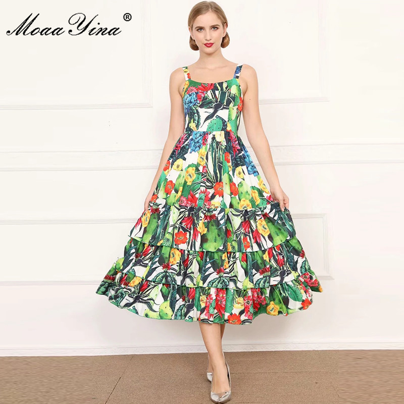 

Fashion Designer dress Summer Women's Dress Spaghetti Strap High Waist Cactus Floral Print Cascading Ruffle Dresses 210524, Multi