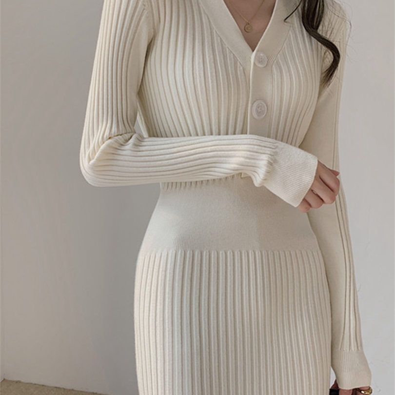 

White Black Jumper Dresses Winter V Neck Casual Pollover Solid Sweater Dres Thick Korean Warm Autumn Woman Knitted 211110, Lemon yellow