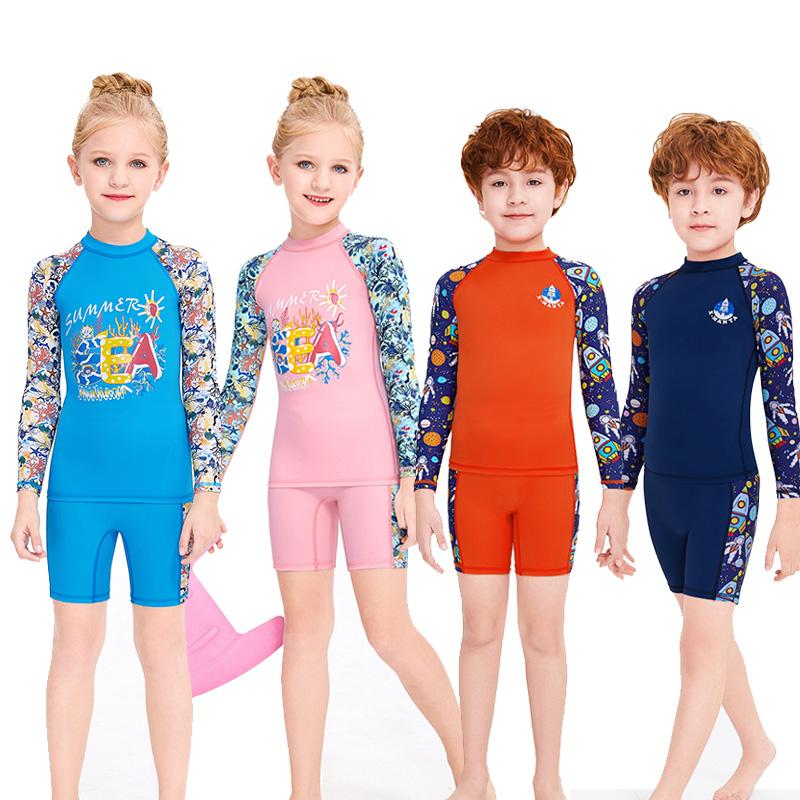 

Boys/Girls Long Sleeve Rash Guard Swimsuit, UV/SPF Water Beach Surf Swim Shirt And Shorts UPF50+ Sunscreen Swimwear Bathing Suit One-Piece S