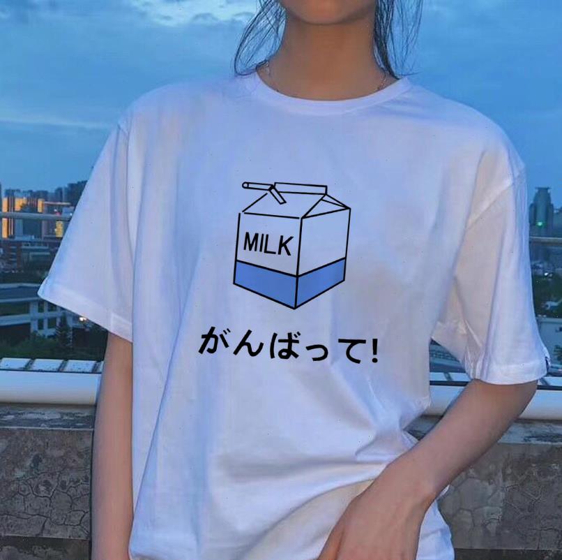

womens t shirts kawaii sweet beauty harajuku japanese loose shirt milk cartoon print short sleeved summer fashion, White