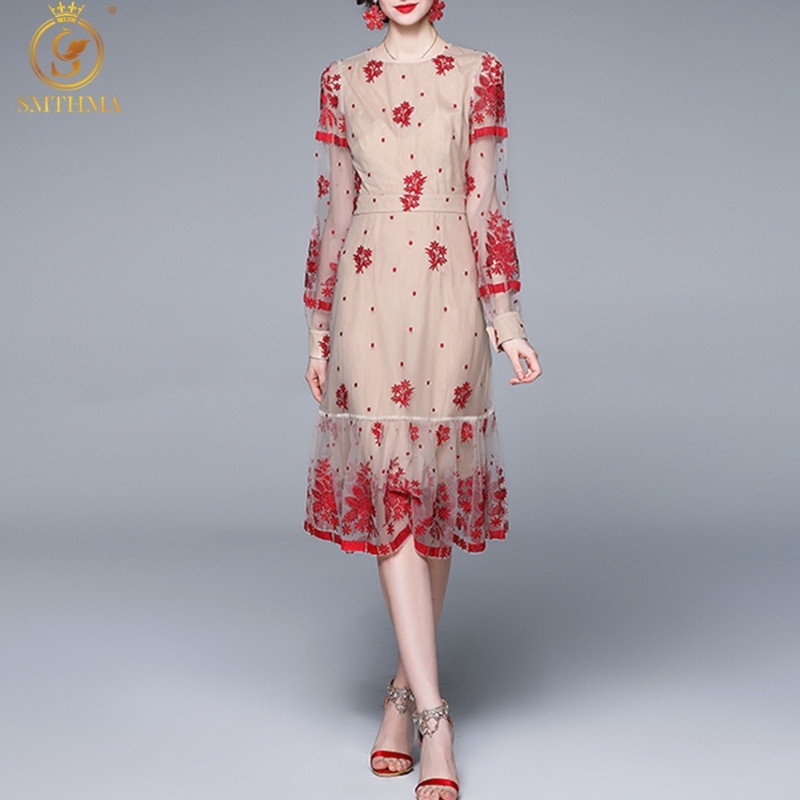 

Fashion Designer Runway Summer Dress Women Lantern Sleeve Gorgeous Flowers Embroidery Mesh Vintage Party 210520, Photo color