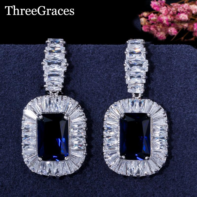 

Dangle & Chandelier ThreeGraces European Women Royal Style Square Sparkling CZ Crystal Big Drop Diamante Wedding Earrings With Blue Stone ER, Silver