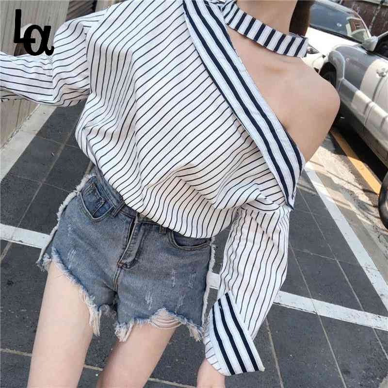

Sexy Designer Stripe Blouse Women Elegant Temperament Off Shoulder Loose Female High Street Chic Casual Tops 210519, Stripe tops