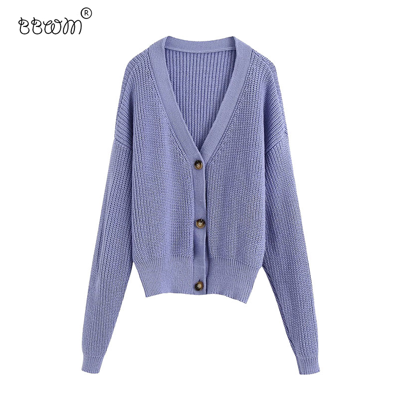 

Women Fashion Solid Loose Knitted Cardigan Sweater Vintage V Neck Long Sleeve Single Breasted Sweaters Chic Jumpers 210520, As picture
