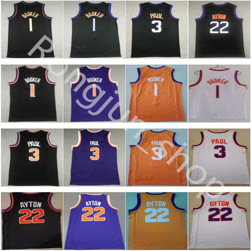 

Stitched 2021 Men Basketball Jerseys Chris Paul 3 Devin Booker 1 Deandre Ayton 22 Jersey Mens City Black White Purple Orange Color Top Quality, As picture