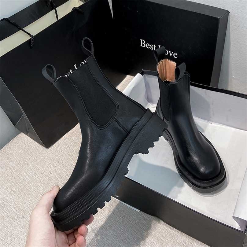 

TYDZ Chunky Boot Winter Shoes PU Leather Plush Ankle Black Female Autumn Chelsea Fashion Platform Booties 211105, Black-short