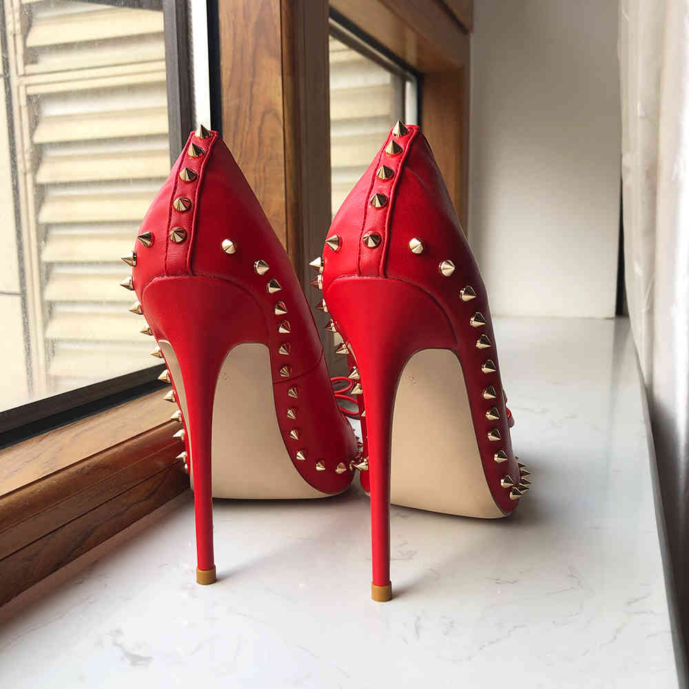 

dress shoes tikicup red matte women pointy toe high heel with bow spikes rivets stiletto pumps 8cm 10cm 12cm colors customize, Black