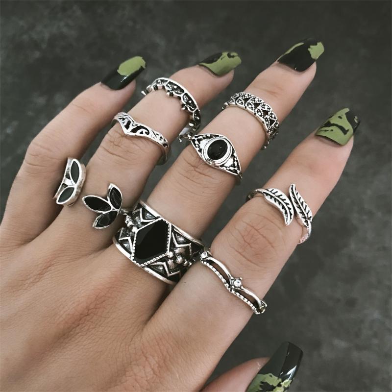 

Cluster Rings KISSWIFE Vintage Silver Color Set For Women Men Leaves Crystal Black Stone Geometric Fashion Jewelry, Golden;silver