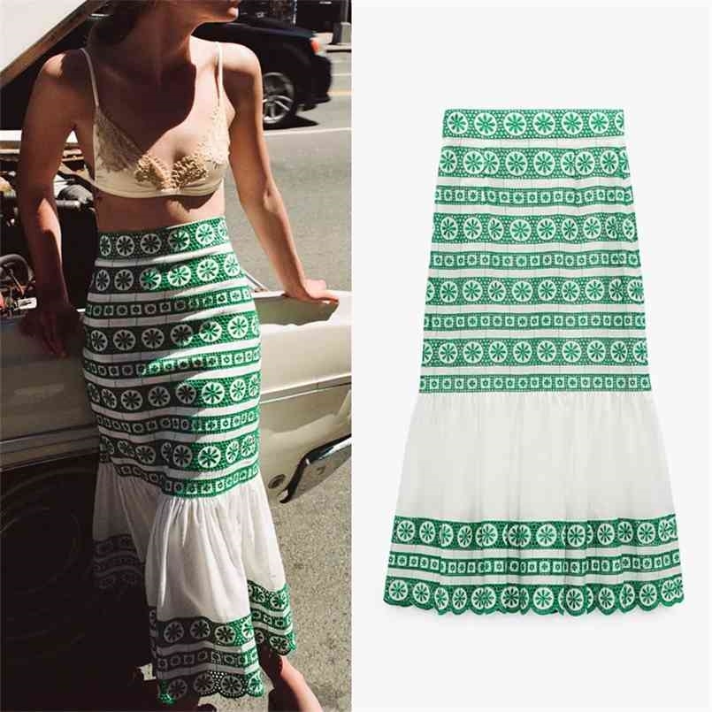 

Za Summer Green Half-length Woman Skirt Gril Lace Hollow Out Splicing Color Side Zipper Hem Casual Chic  210708