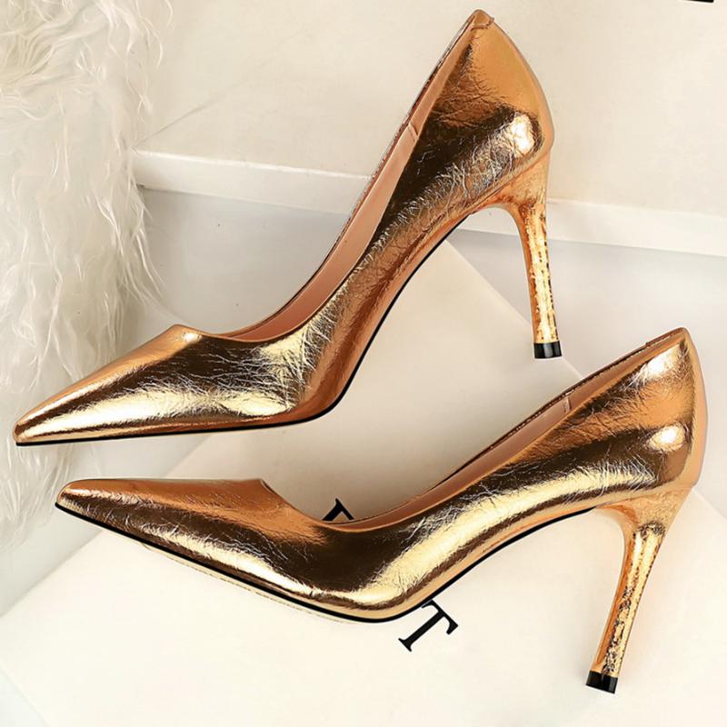 

Dress Shoes 2021 Women 8.5cm High Heels Glossy Pumps Lady Scarpins Gold Sexy Valentine Office Wedding Bridal Quality Prom Party, Black