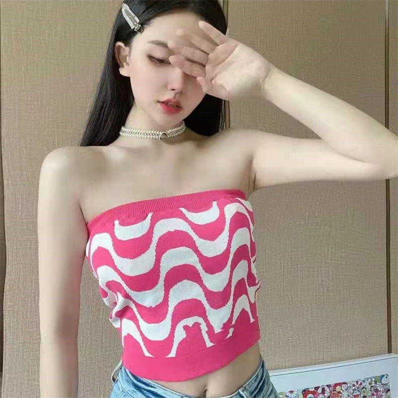 

Women' Tanks Camis New Summer Small Fragrant Wind Knitting Wave Texture On The Chest Crop Top Tide Net Infrared Wear Halter Belt Women' Dress, Pink